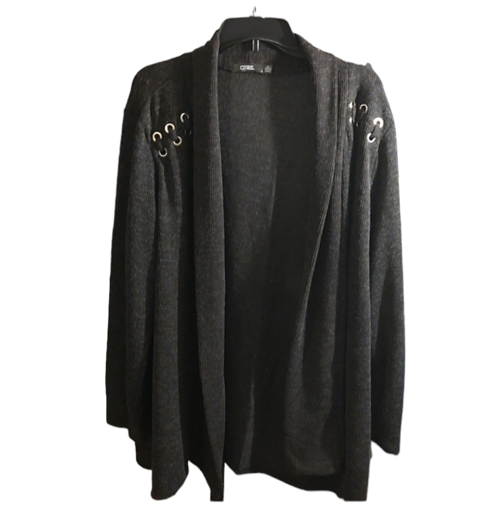 Charcoal Gray Tweed Open Cardigan with Design on Shoulder sz 3X